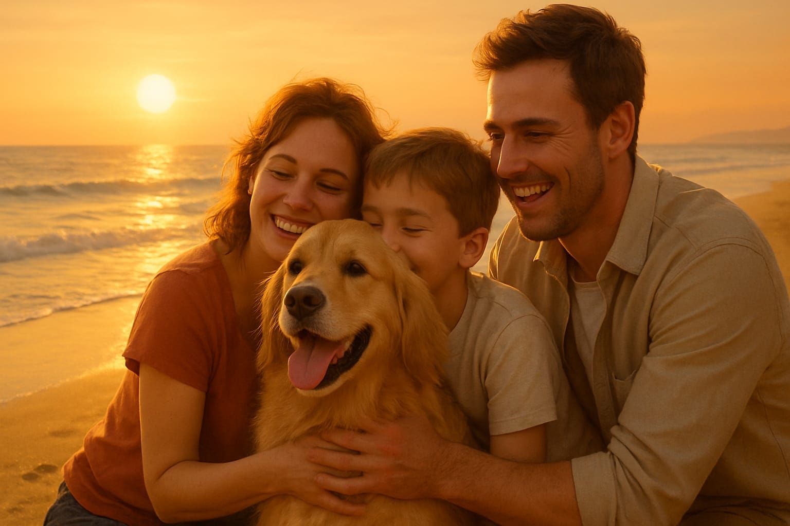 Familia abrazando a su perro en la playa