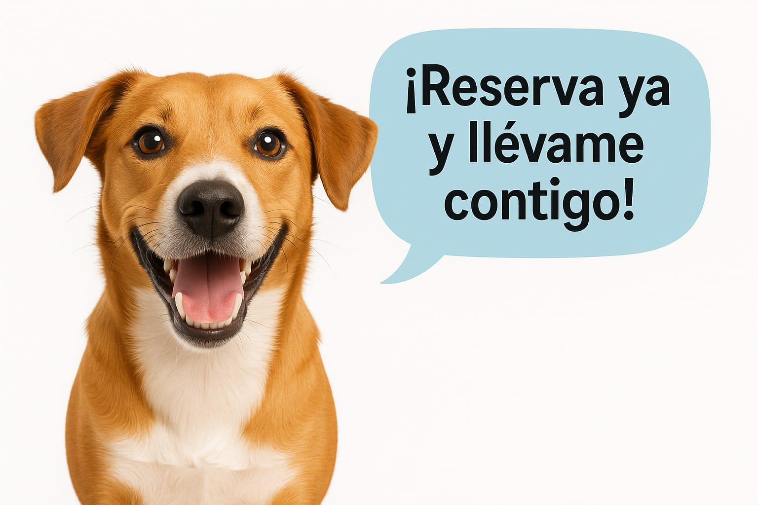 Perro con globo de texto: ¡Reserva ya y llévame contigo!